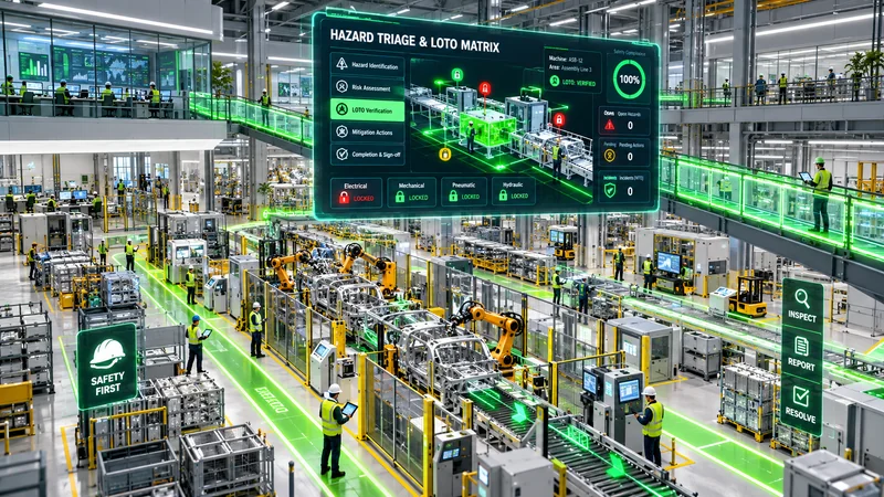 High-safety manufacturing floor with machine guard inspections and assembly verification