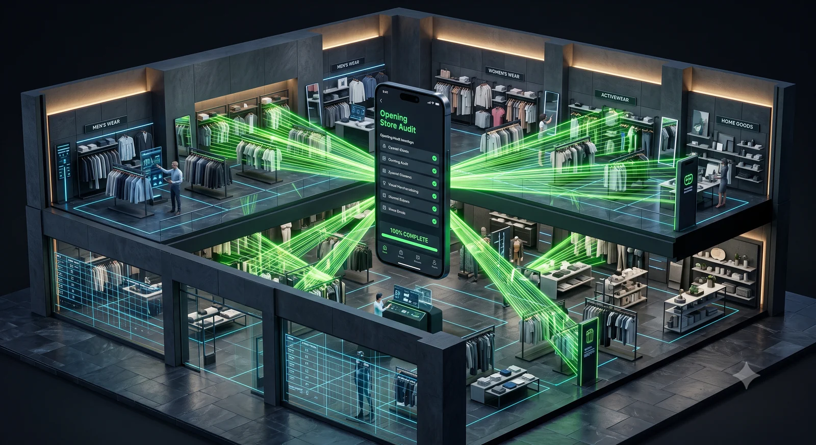 Retail store environment featuring visual merchandising display tables and inventory pathways